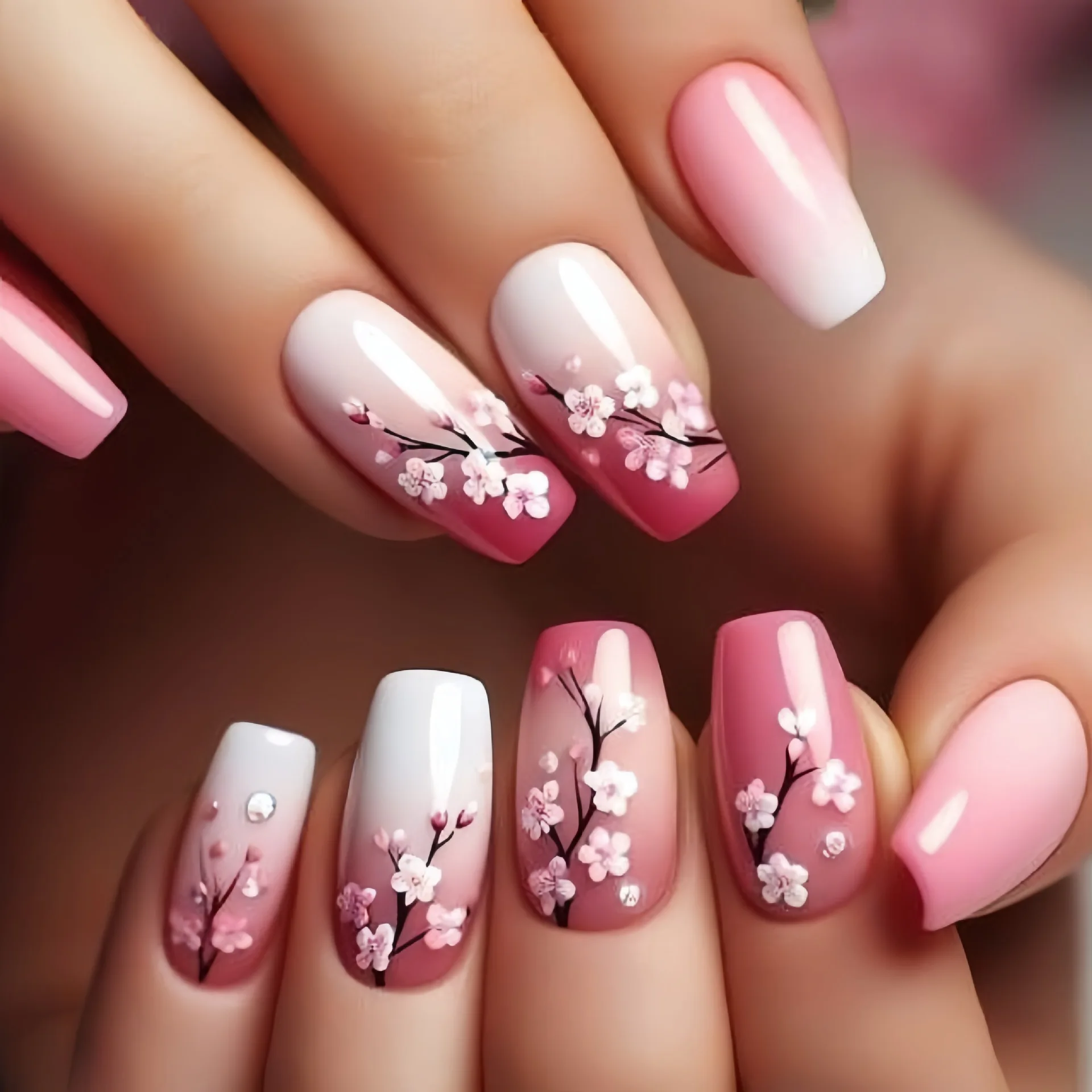 24 stuks roze bloem kunstnagels sets kort ballet druk op nagels mode glitter ontwerp nep nagel tips draagbare vierkante manicure