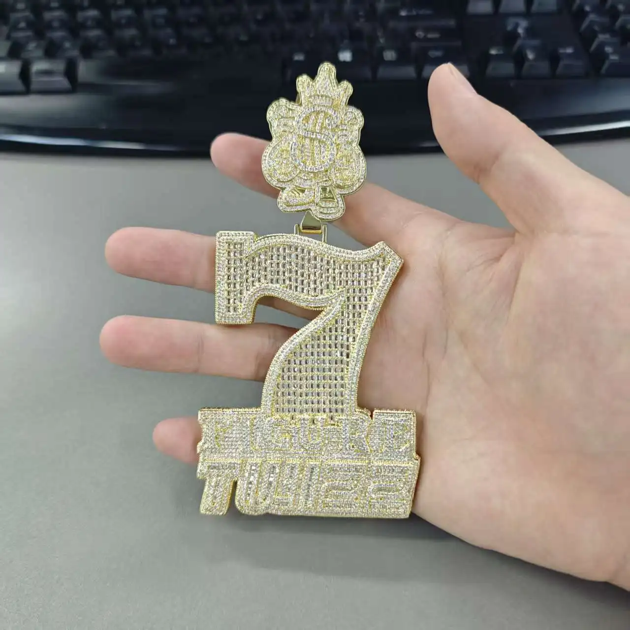 UWIN  Iced Big 7 Pendant Necklaces for Men Hollow Backside Cubic Zirconia Charms Hip Hop Necklace Jewelry for Gift