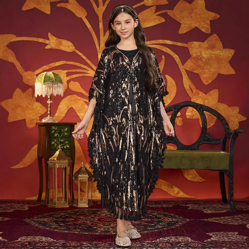 Morocco Muslim Kids Girls Tassels Sequins Inner Dress Out Abaya Robe Ramadan Eid Djellaba Islam Children Clothing Arabic Turkey