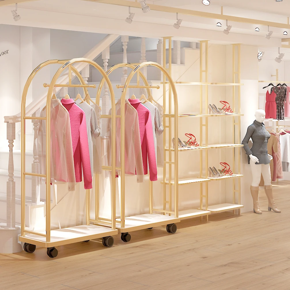 

Custom Stainless Steel Cloth Store Display Stands Women Clothes Shop Display Racks Metal Retail Boutique Gold Clothing Rack