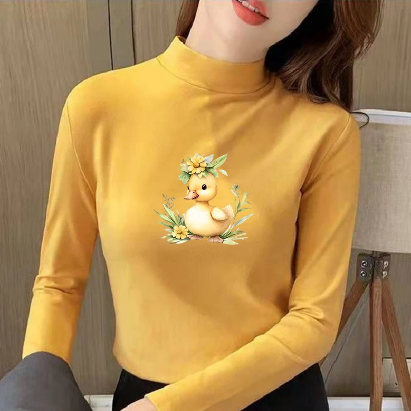 Winter Women's Thermal Brushed Fleece Half Mock Neck Long Sleeve T Shirt Yellow Duckling Flowers Graphic Warm Tee