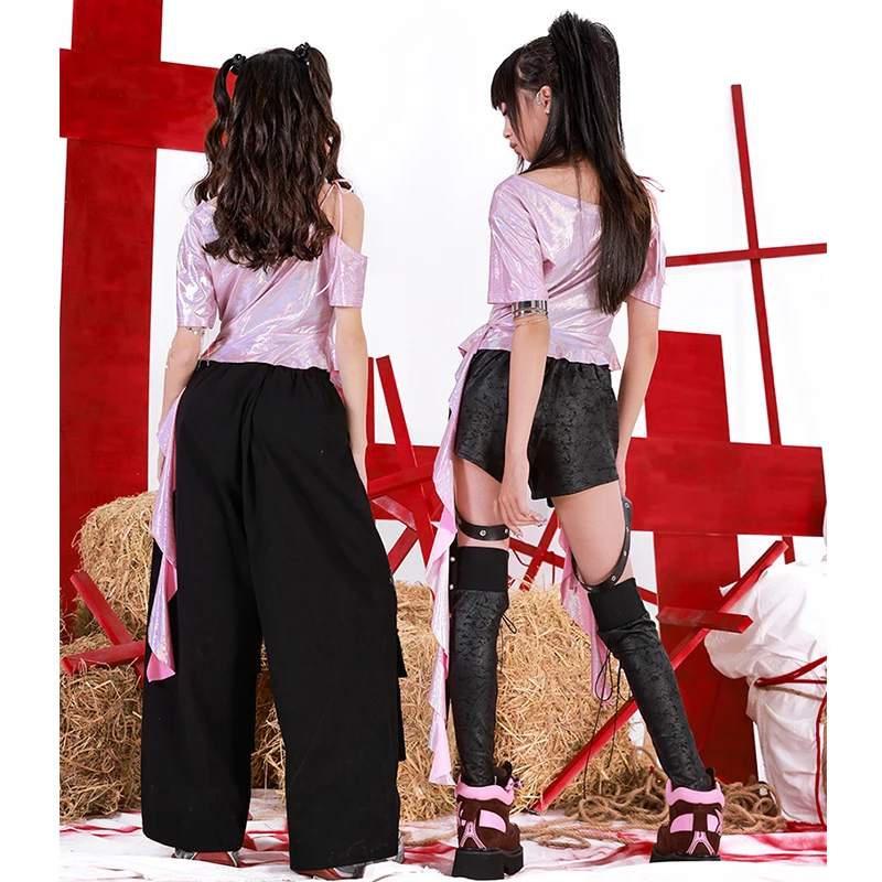 2025 Modern Jazz Dance Costume Ragazze Top rosa Pantaloni neri Kpop Hip Hop Performance Abbigliamento Estate Concerto Stage Outfit BL15672