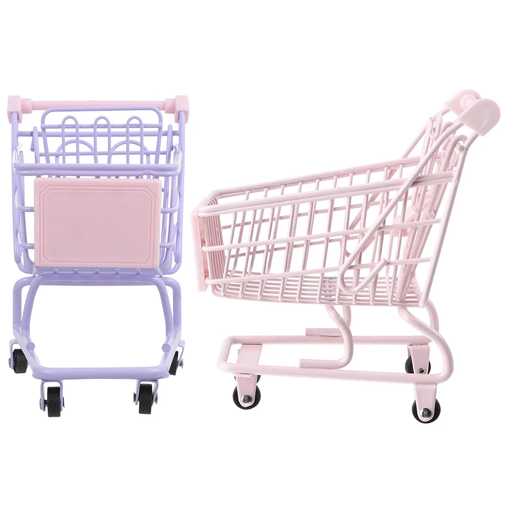 

2 Pcs Shopping Cart Ornaments Small Girls Miniature Boy Trolley Toy Baby