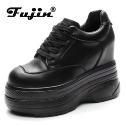 Fujin 11.5cm Natural Cow Genuine Leather Platform Wedge Hidden Heel Women Casual Shoes Chunky Sneakers High Heels Spring Autumn