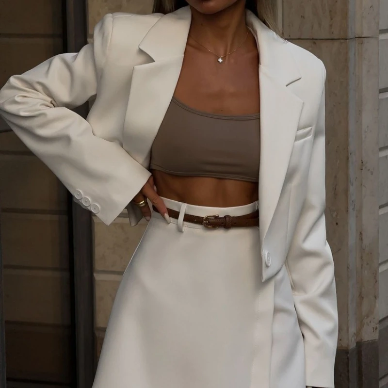 TARUXY 라펠 긴팔 정장 여성 정장 버튼 솔리드 블레이저 코트 짧은 치마 2피스 정장 패션 출퇴근 가을 신상