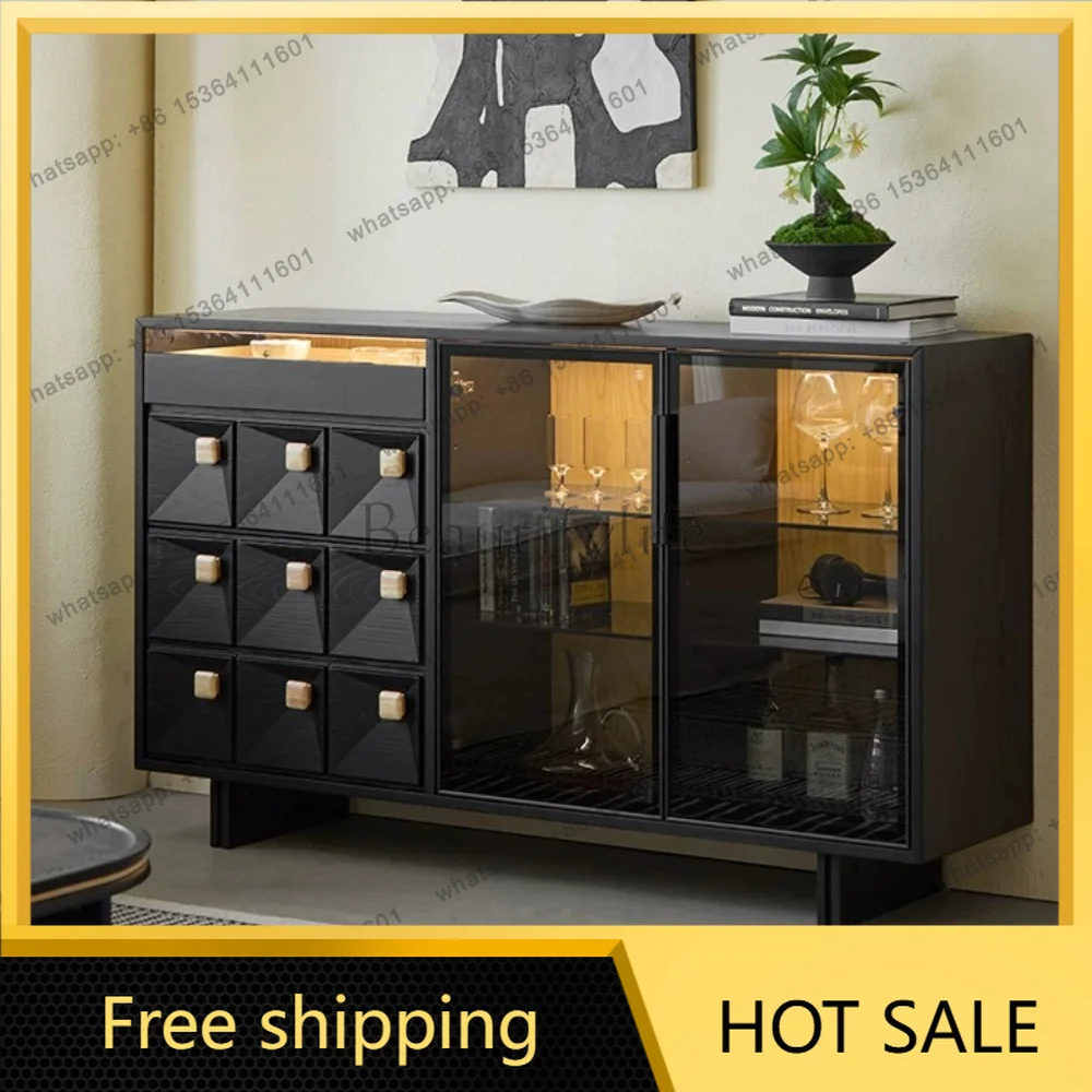 LD black half-wall short cabinet retro storage solid wood storage chest cabinet