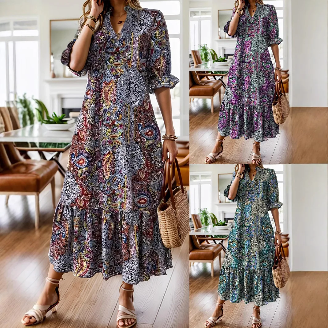 

2025 Spring and Summer New Women's Clothing Printed V-neck Fashion Dress Women's Europe and The United States