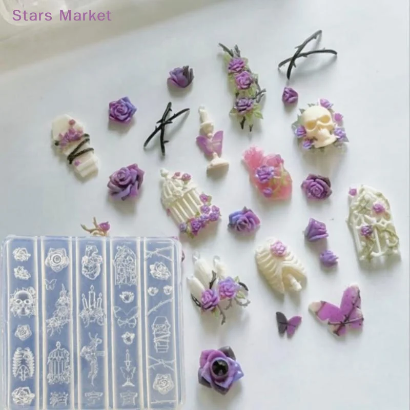 New 3D Creative Transparent Nail Mold DIY Nail Art Decoration Rose Candlestick Skull Butterfly Birdcage Nail Art Carving Mold
