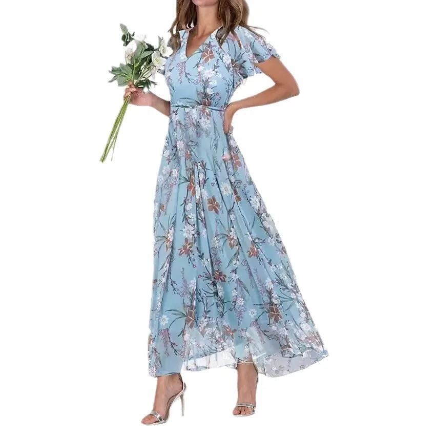 Women's Dresses Swing Long Dress Chiffon Floral Short Sleeve Ruffle V Neck Fashion Waist Flowy Dress Dresses plain summer dress