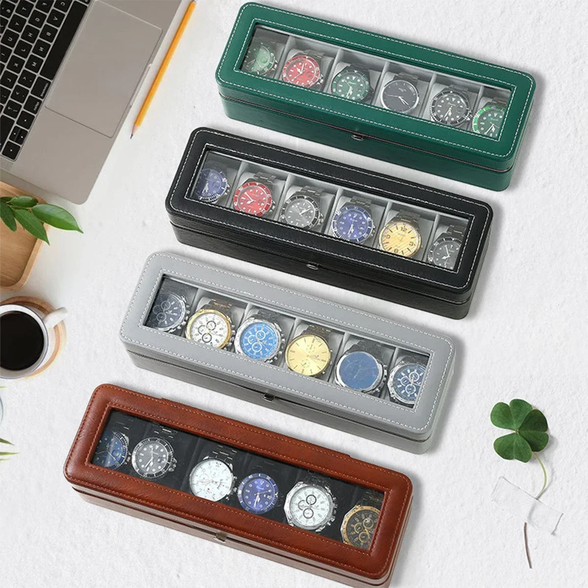 New Style Superior 6 Slots PU Leather Box For Watches Storage Multipurpose Case For Jewelry Storage Box with Removable Pillows