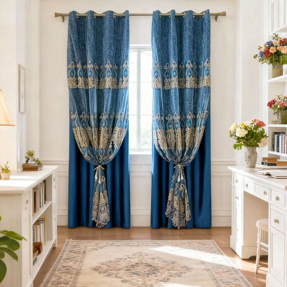 1PC Blue Double Embroidered Curtain, European Gold Scroll Jacquard, Villa Study Decor