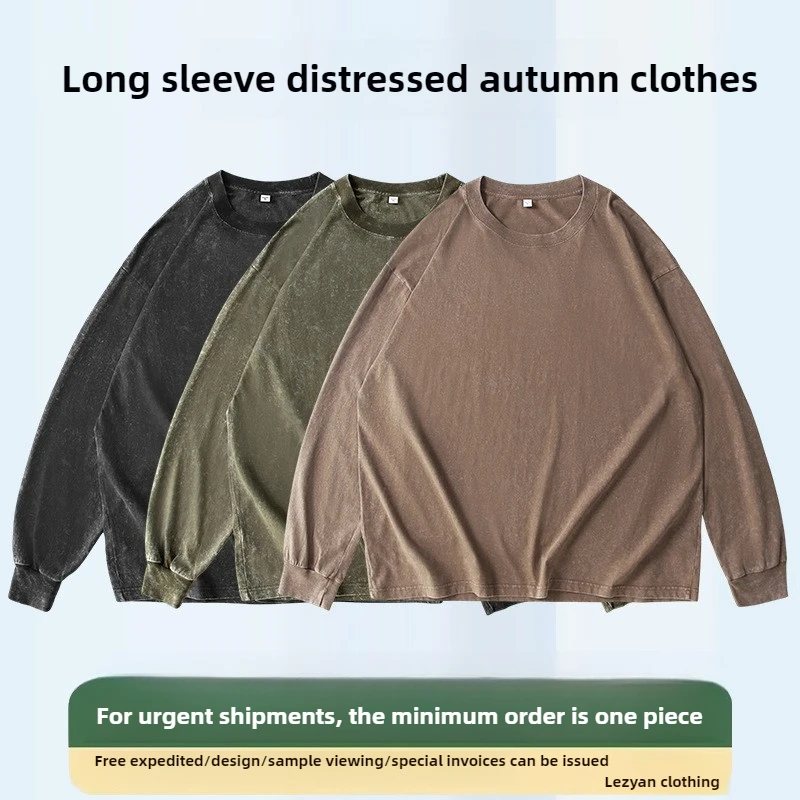 Lezyan القطن الخالص الرجعية القديمة طويلة الأكمام جولة الرقبة فضفاضة كبيرة الحجم تي شيرت أعلى كبيرة الحجم بالجملة الشارع الشهير