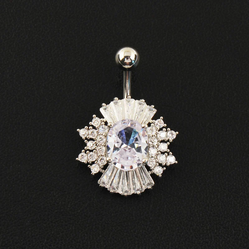 Belly Button Ring Cubic Zirconia Big Stones Clear Pink 14G Stailess Steel Rod Body Piercing Flower Navel Bar Umbilical Jewelry
