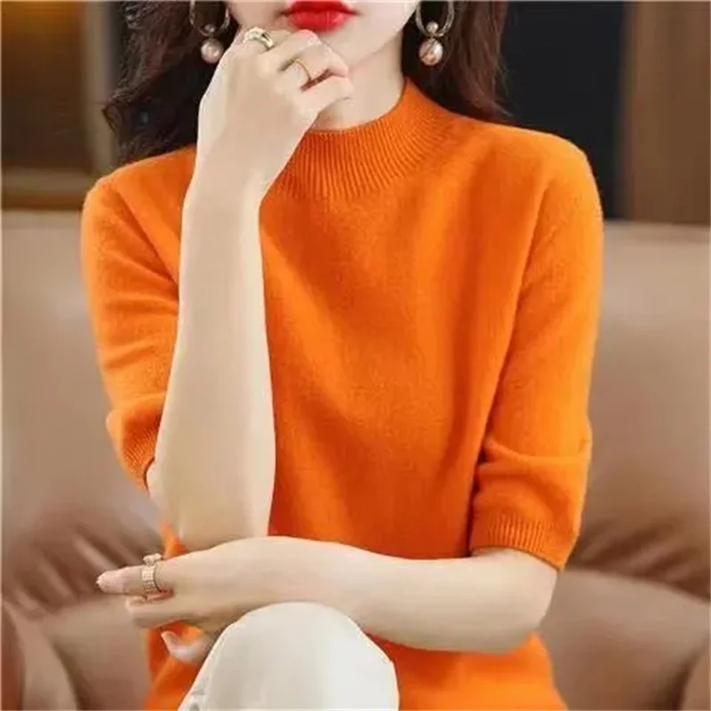 

Весенний женский пуловер с высоким воротником, вязаный топ, летняя женская вязаная куртка с короткими рукавами, корейский женский свитер большого размера 4XL, пальто