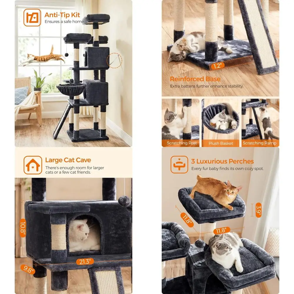 

Large Smoky Gray Cat Tower with 2 Caves, 3 Perches, Scratching Posts, and Activity Center, 66.5 Inches