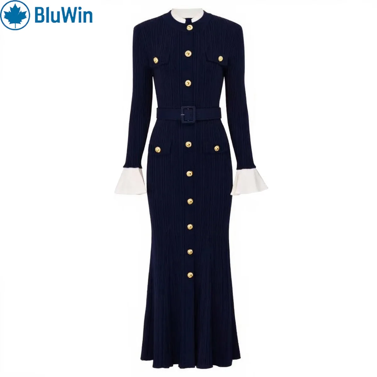 

BluWin Spring Autumn Knit Maxi Dress Women Long Sleeve Crew Neck Belted Slim Fit Versatile Daily Wear
