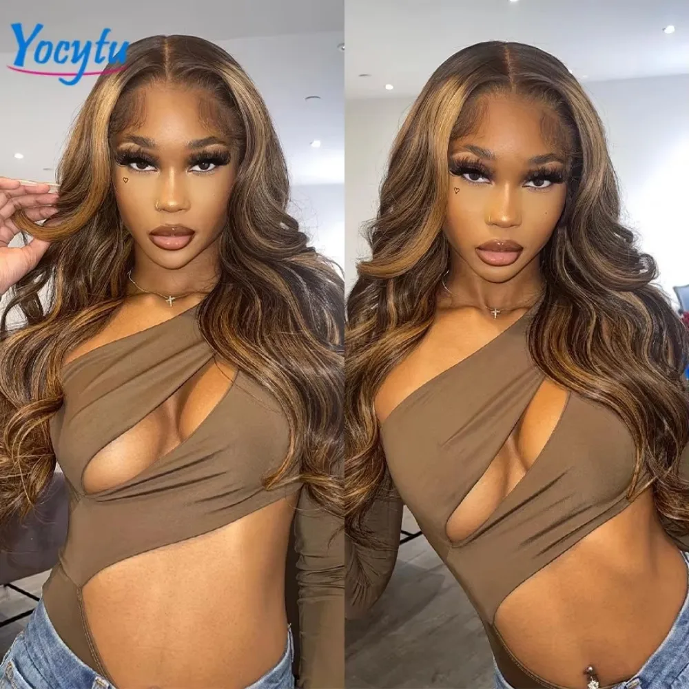 13X4 Highlight Perücke Echthaar 26 Zoll Körperwelle Echthaar Perücken 4/27 Honigblonde Echthaarperücke Ombre Braun gefärbte Echthaarperücken – Detail 7