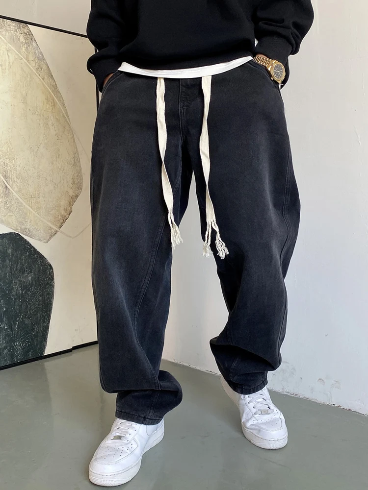 

American Sle Casual Bla Jeans Men's Spring Autumn Loose Large Size Straight Leg Dstring Versatile Casual Wide Leg Pants