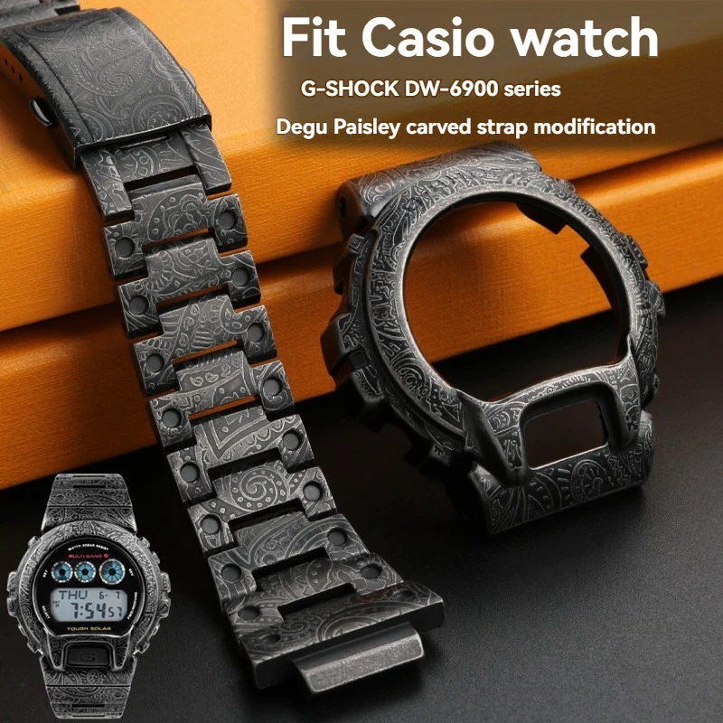 Metal Conversion Kit for Casio G-SHOCK DW-6600/6900/6903 - Stainless Steel Case & Paisley Engraved Band, Men's  Mod Accessories