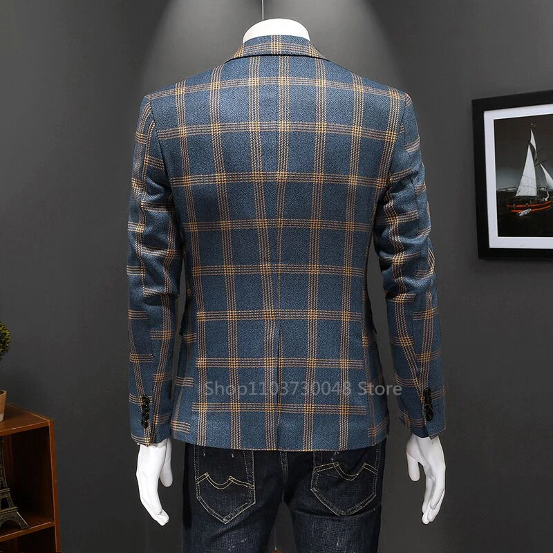 Men High Quality Business Suit Jackets Man Slim Fit Plaid Notch Lapel One Button Blazers Man Casual Fashion Suit Coat 6XL-S