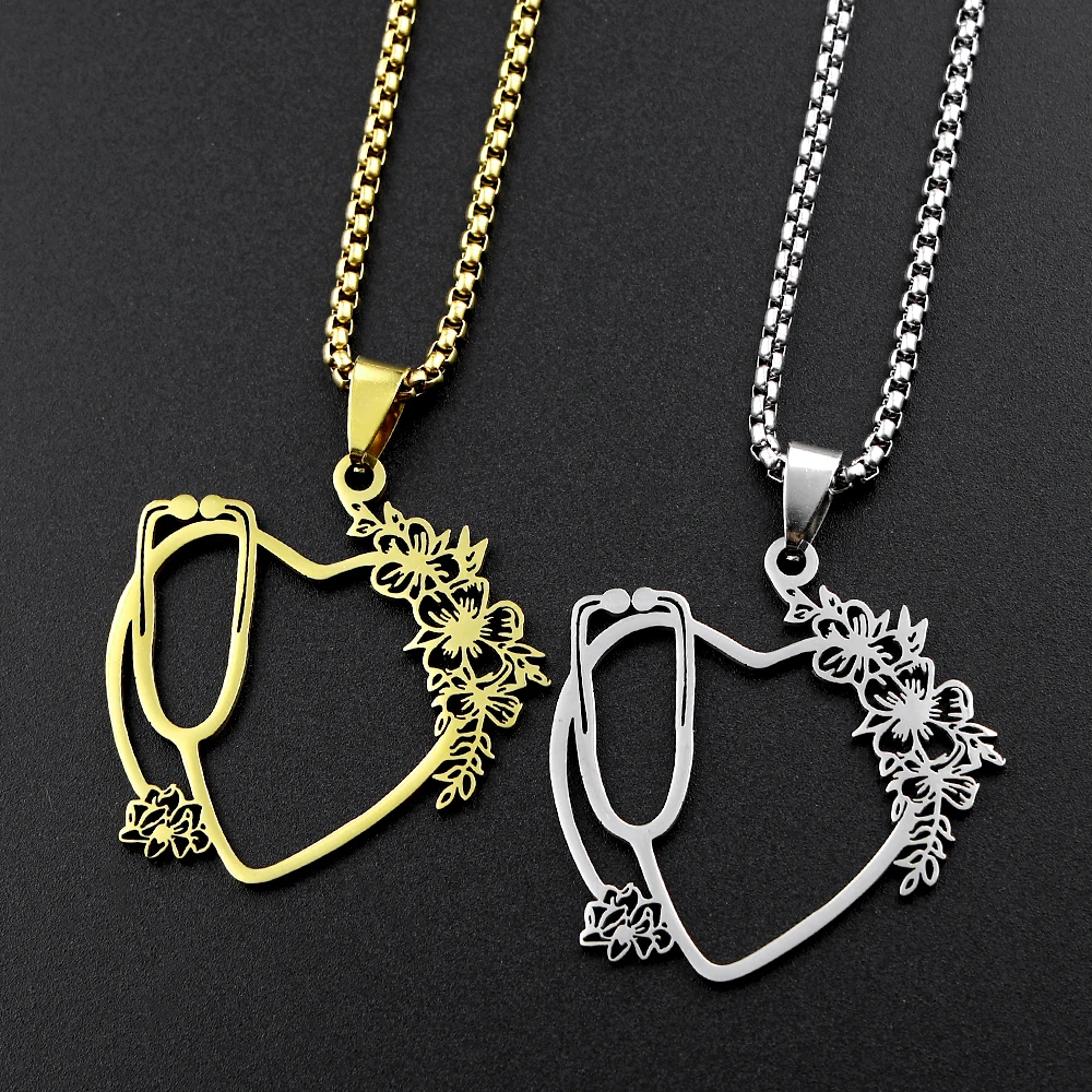 Collier pendentif stéthoscope fleur d'amour pour femmes et hommes, en acier inoxydable couleur argent, bijoux chaîne cœur pour la Journée des infirmières, cadeaux
