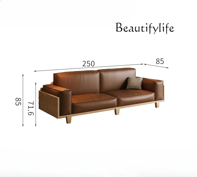 

Nordic retro solid wood sofa home modern simple cat claw leather straight row four people