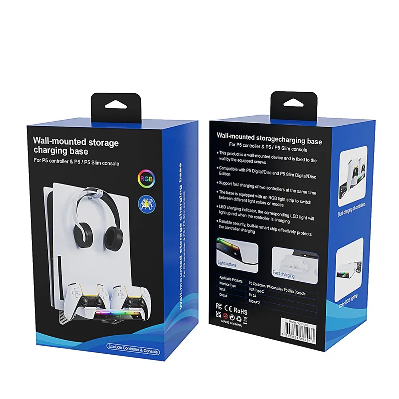 Universal Wall-Mounted Bracket for PS5 Slim/PS5, with Controller Dock, RGB Light, Headset Hanger & Controller Charging Function