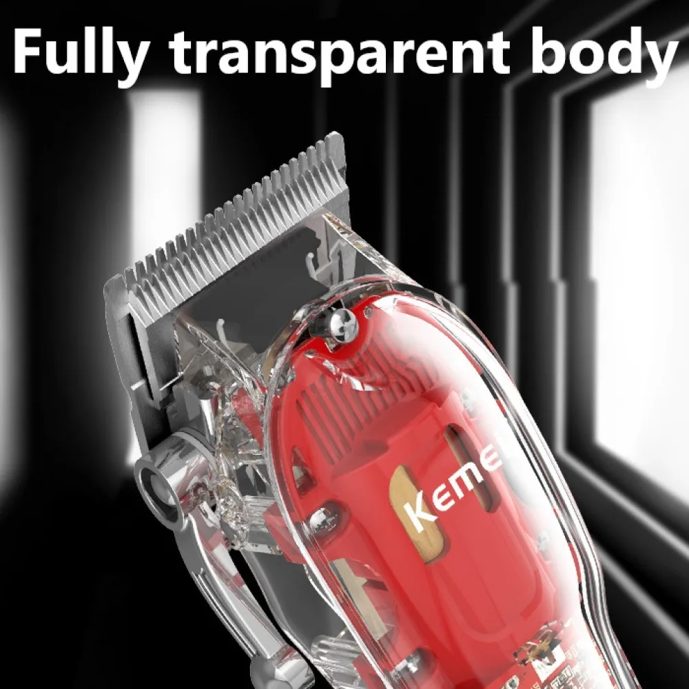 Kemei Rechargeable Hair Cutting Machine Barber Shop Fade Hair Clippers Cordless Trimmer Transparent Cover Red Base KM-1761&246