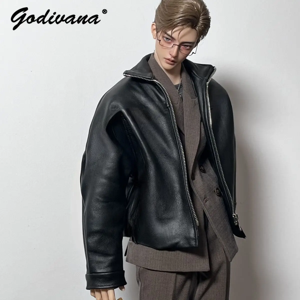 Cool Black Faux Leather Biker Jacket for 1/4 BJD Doll Loose Zipper Moto Coat Fits Regular & Large 1/4 Special 1/6 Large 1/6