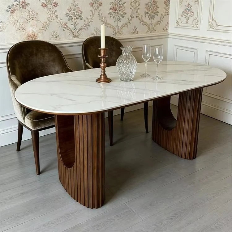&c Dining Table Solid Wood Structure Sintered Stone Top Oval Design with Cutout Detail for Home Kitchen Dining Area Mesa