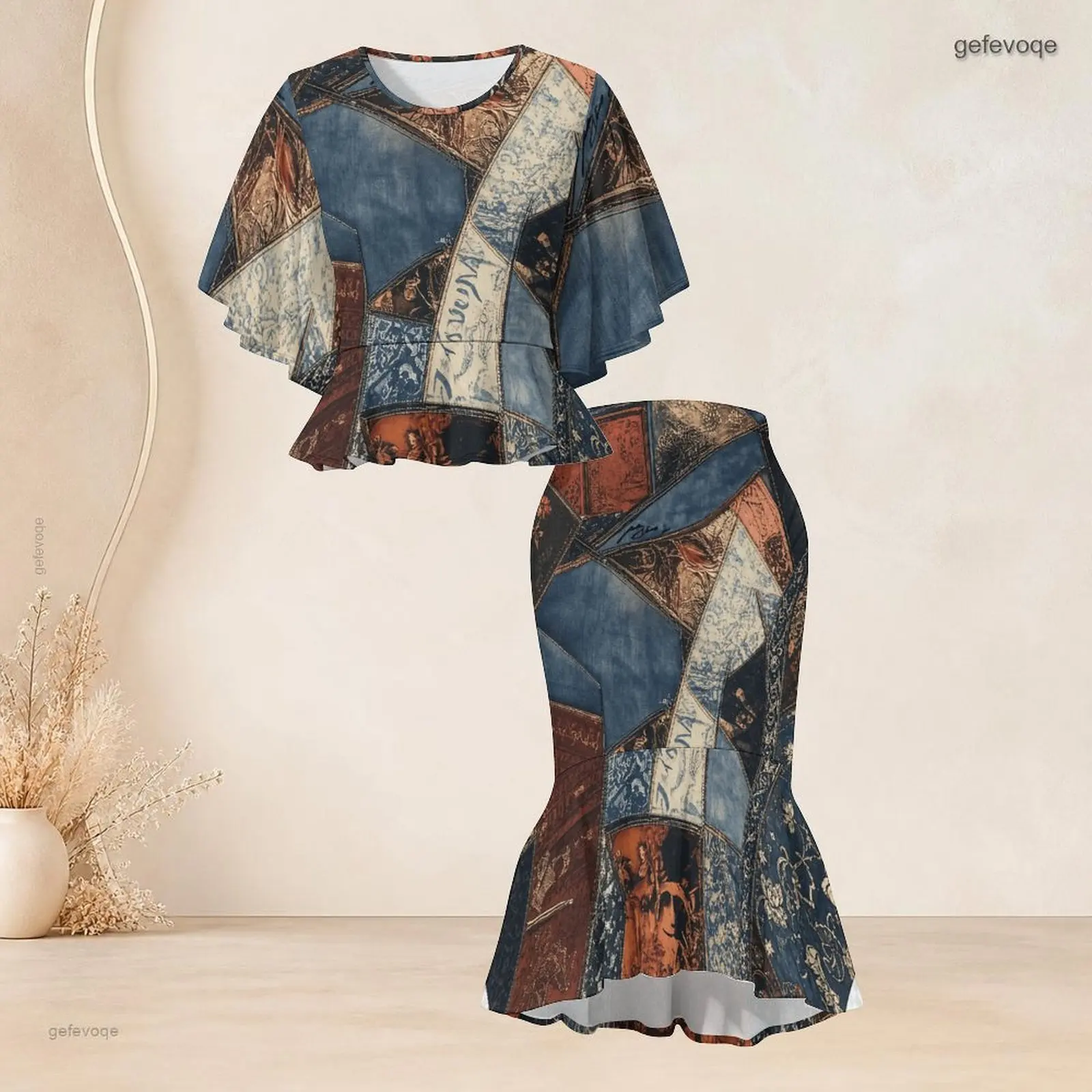 Printed Skirt Set for Women Batwing Sleeve Ruffle Hem Top Fishtail Skirt Two Piece