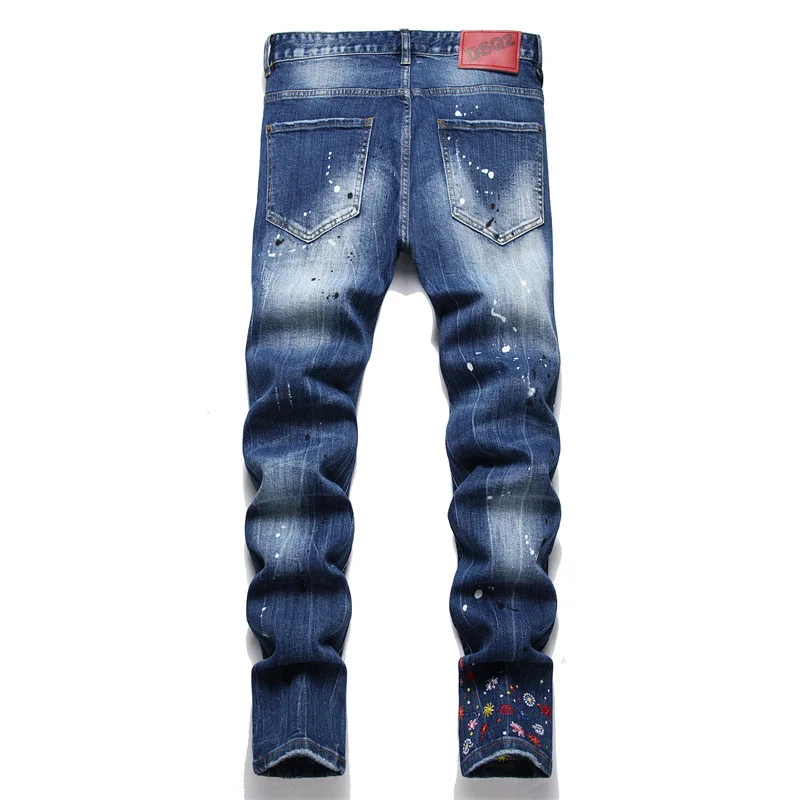 DSQ new embroidery European version button cut cotton elastic men's jeans quadratic slim fit street personality men pants