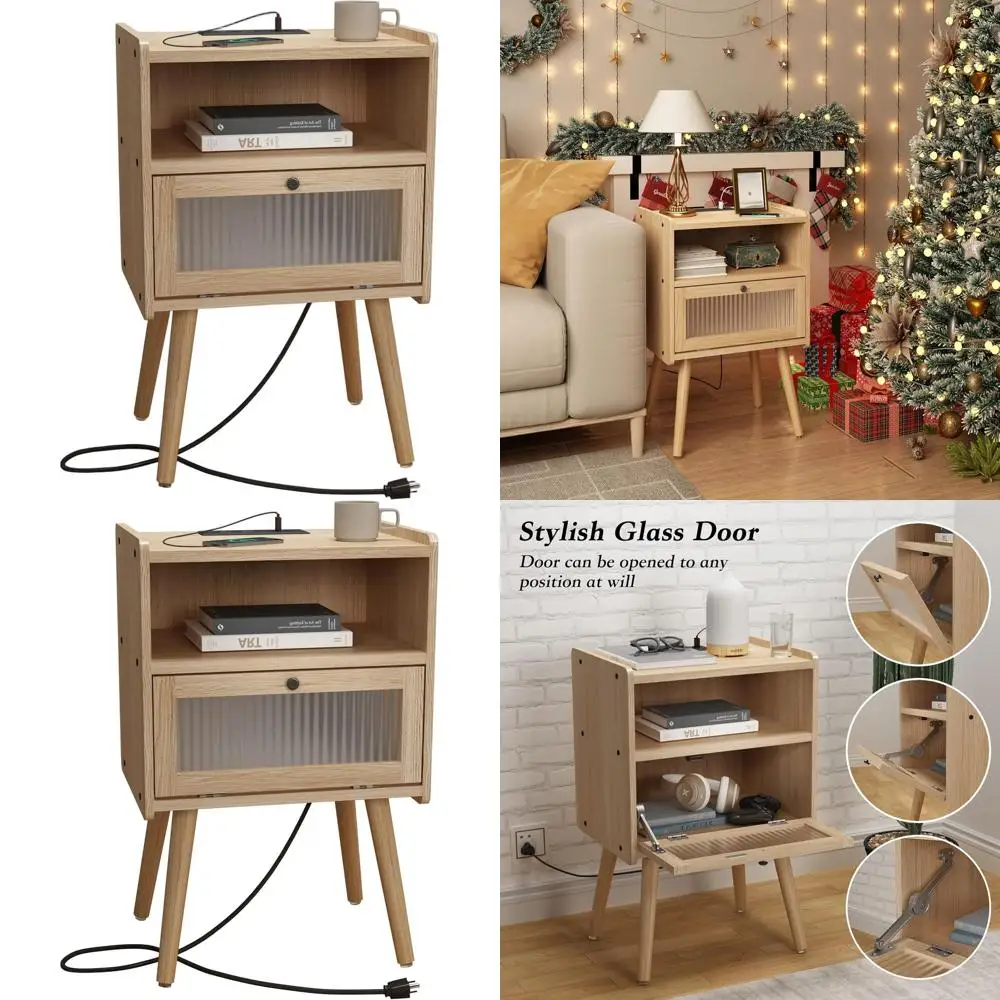 

Прикроватная тумбочка в стиле Mid-Century Modern с зарядной станцией, стеклянной дверцей и 2-уровневым хранилищем для спальни или гостиной