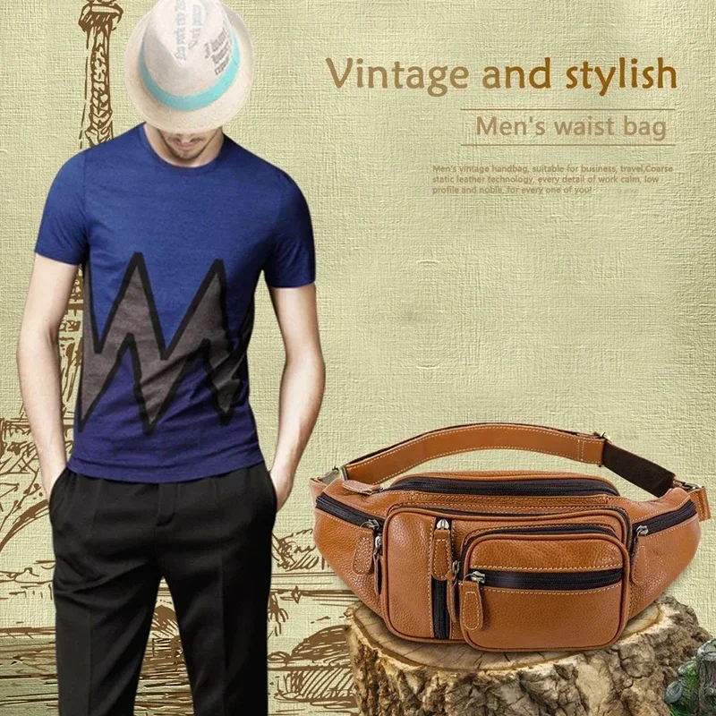 GENUINE LEATHER Multi-Function Money Belt Bag Men Waists Bags Genuine Leather Fanny Pack Phone Waist Pack/Bags Messenger Bag Men