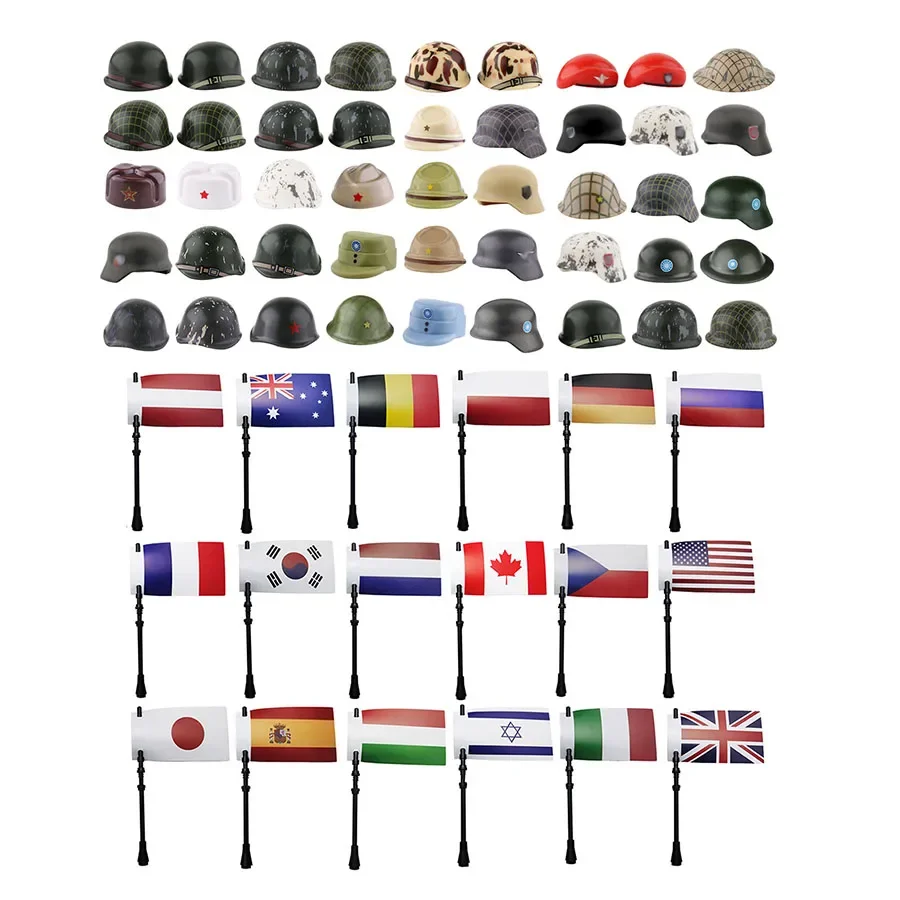 WW2 Military Printed Helmet and National Flag Building Blocks WWII Landforce Army Helmets Camo MOC Soldiers Helmets Brick