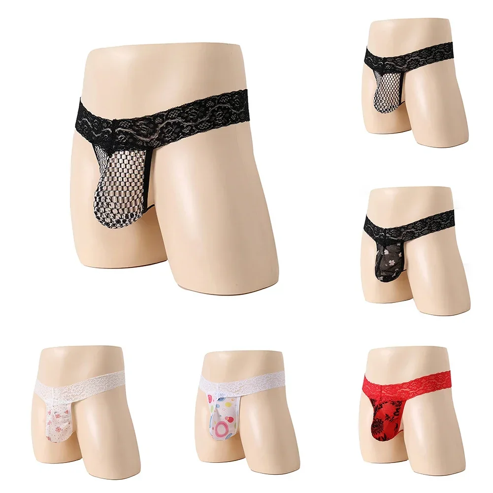 Mens Sexy Print Lace See-Through Thongs Pouch Underpants T-Tack G String Briefs Temptation Playful Transparent Soft Men Thong