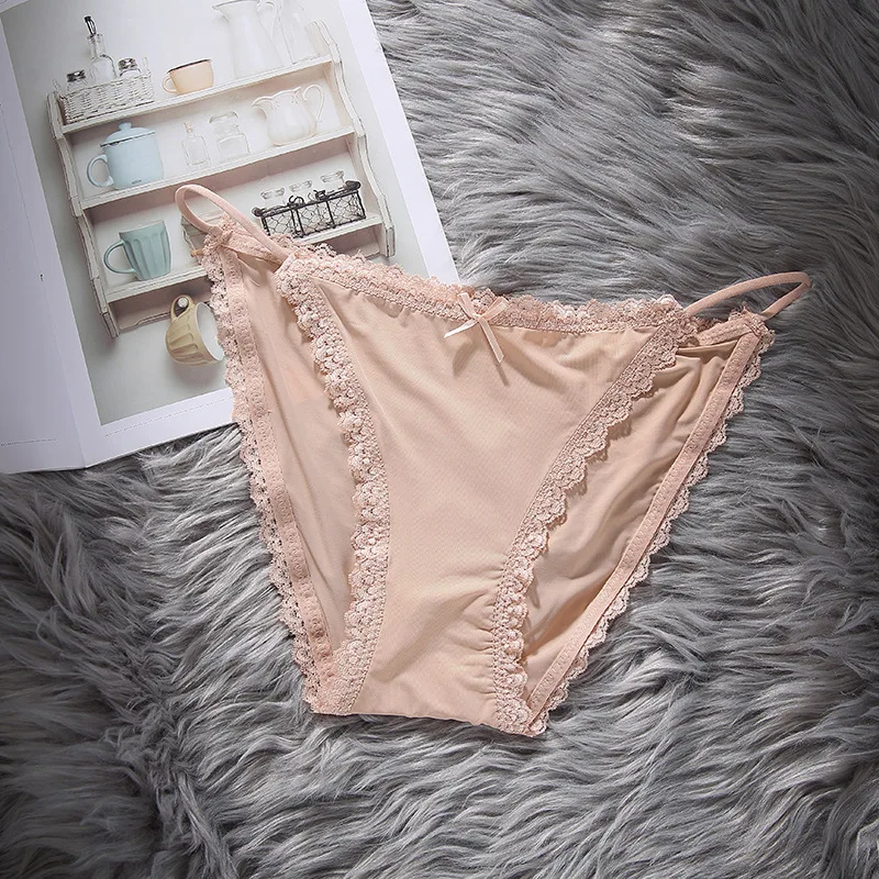 3 บทความ Solid น่ารักลูกไม้โบว์โบว์กึ่ง Sheer กางเกง Comfy Breathable ยืด Intimates กางเกงชั้นในสตรีชุดชั้นในชุดชั้นใน