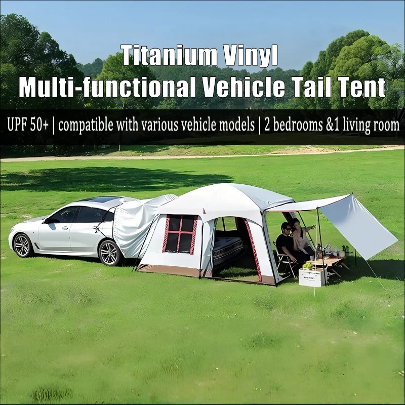 Complete Vehicle Tail Tent Set for SUV Off-Road Camping Featuring Two Bedrooms & One Living Room with Rainproof Design