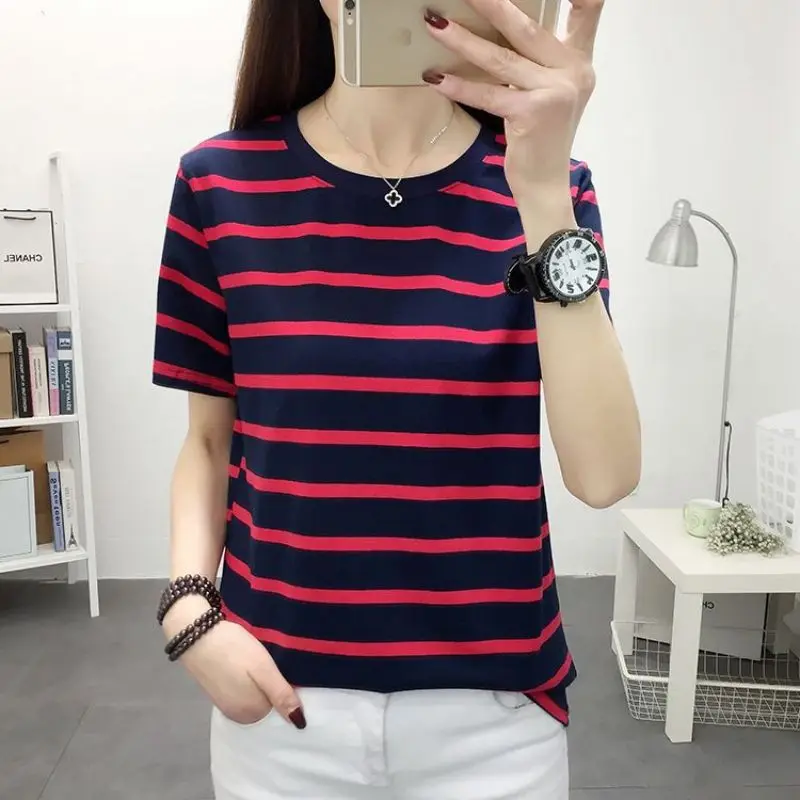 

Fashion O-Neck Loose Korean Striped Blouse Female Clothing 2023 Summer New Oversized Casual Pullovers Short Sleeve Commute Shirt