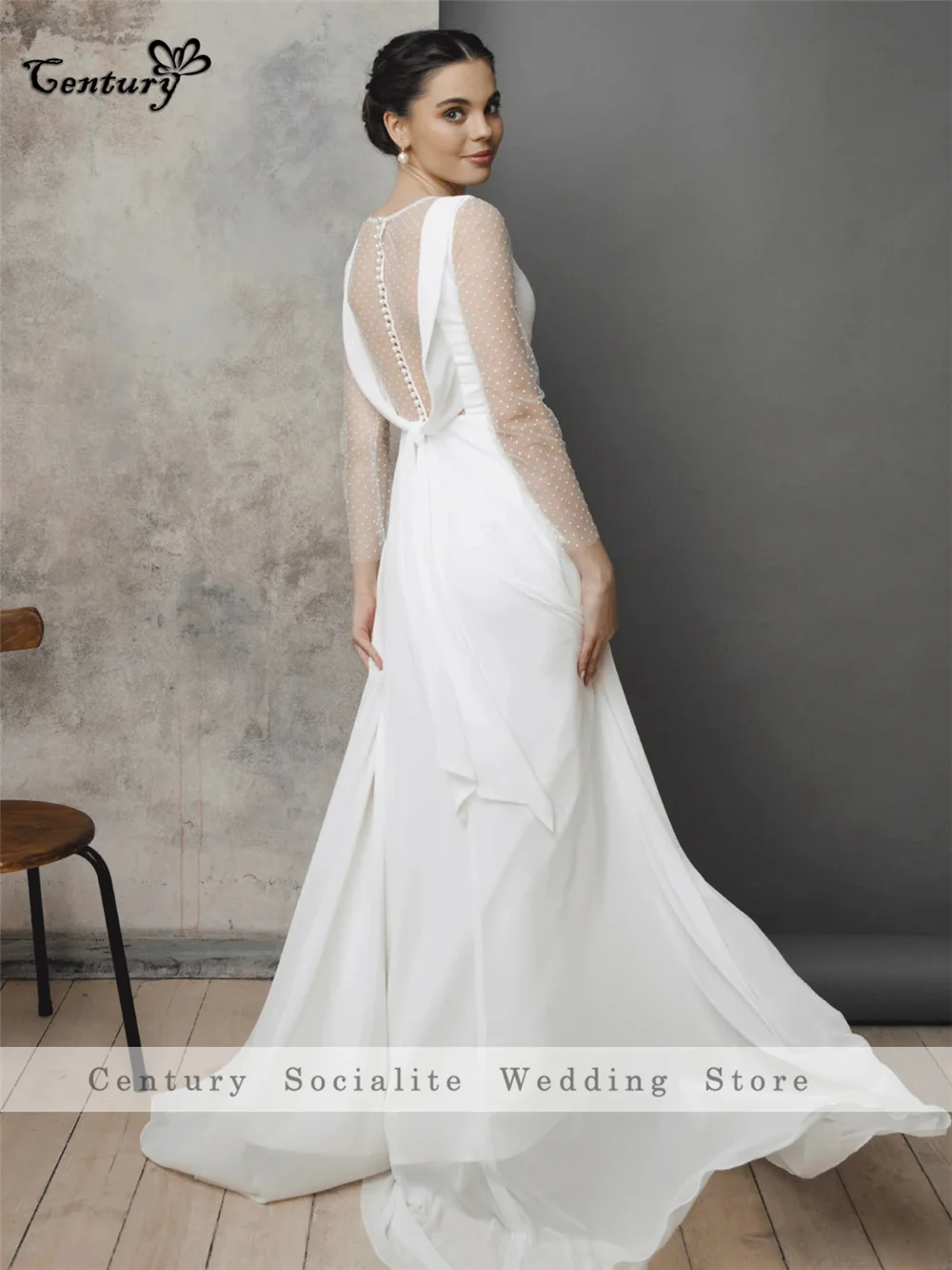 Abito da sposa semplice per donna Sposa manica lunga A Line Lunghezza pavimento Illusion Back Abiti da sposa civili Eleagnt Personalizzato