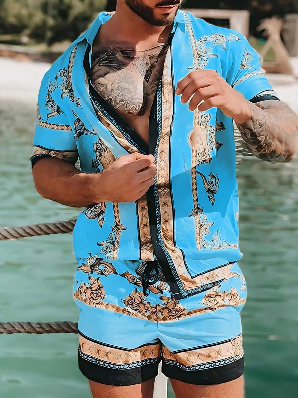 

New Men Hawaiian Sets Summer Golden horse Printing Beach Short Sleeve Shirt Shorts Casual Trip Mens 2 Piece Suit S-3XL