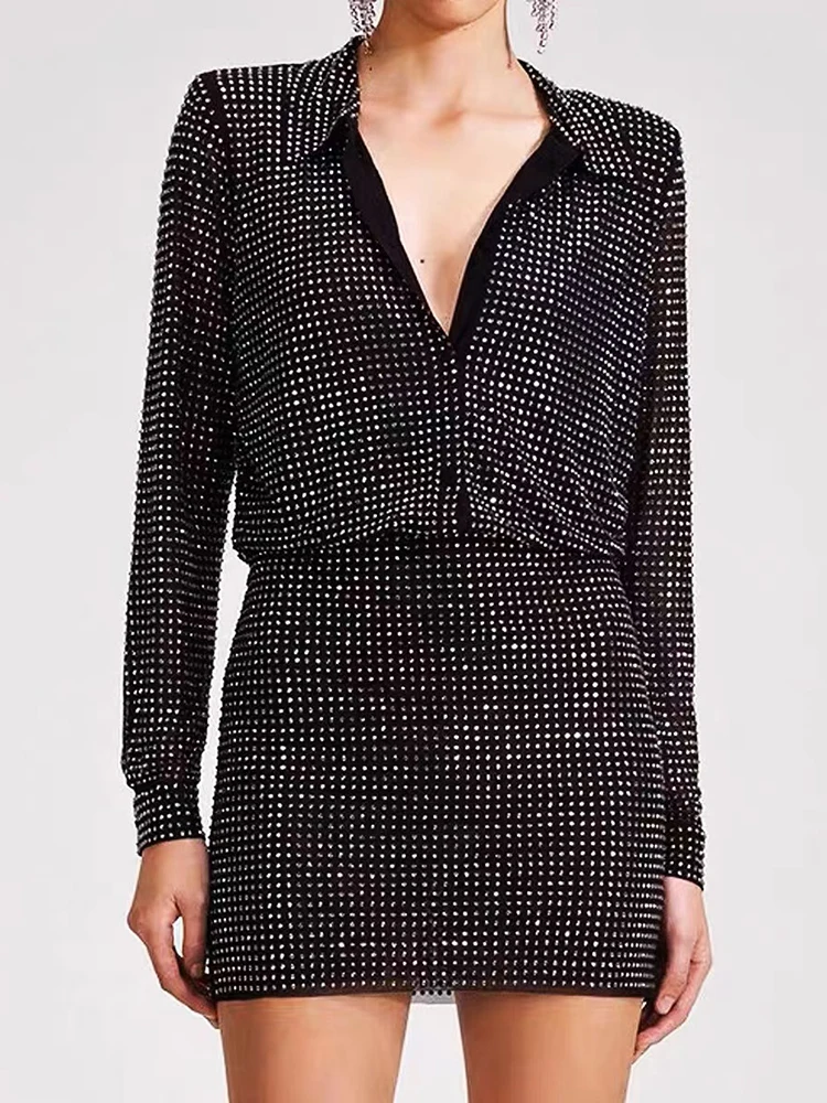 

Spring Summer New Fashion Hot Diamond Mesh Glitter Long sleeved Shirt Women High Quality All-match Tops or Slim Fit Short Skirt