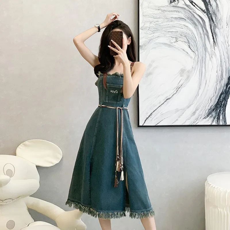 

Women's Spring Summer New Denim Midi Suspender Dress High Waist Off Shoulder A-Line Casual Versatile Slim Dress For Women Ladies