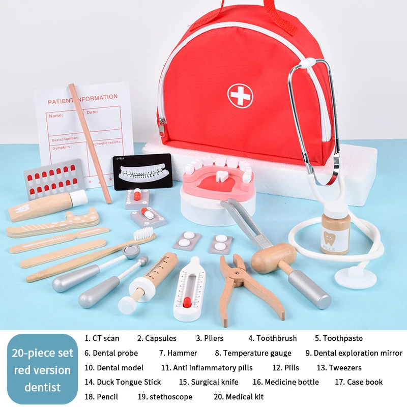 1Set Wooden Pretend Play Doctor Kit Children Simulation Dentist Check Teeth Role Playing Toy