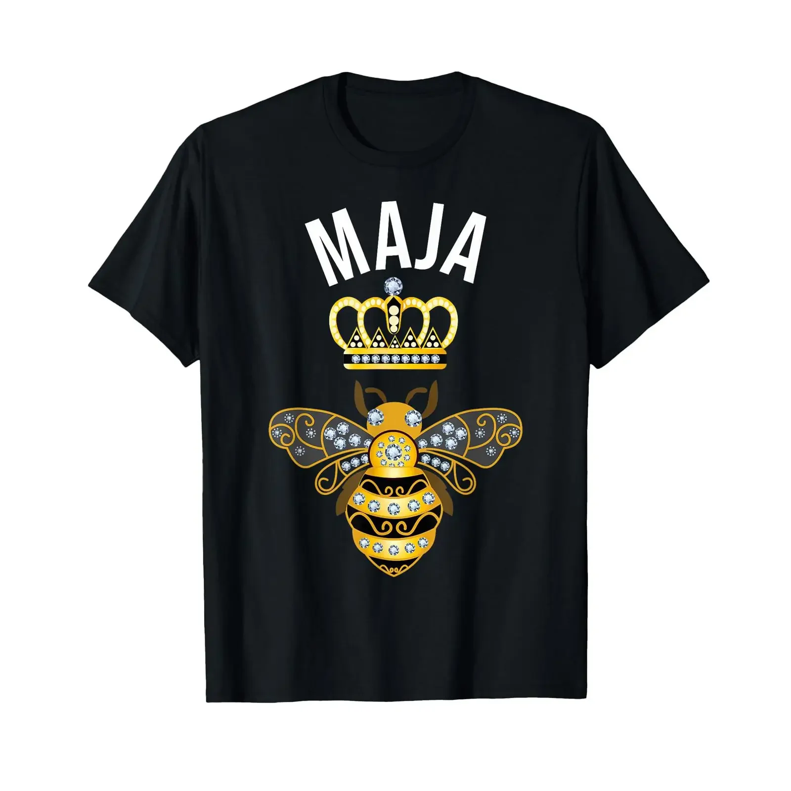 Camiseta Masculina Preta Vintage Lavada com Estampa Gráfica Confortável de Abelha e Coroa da Rainha Maya - Coleção Maja Name Birthday