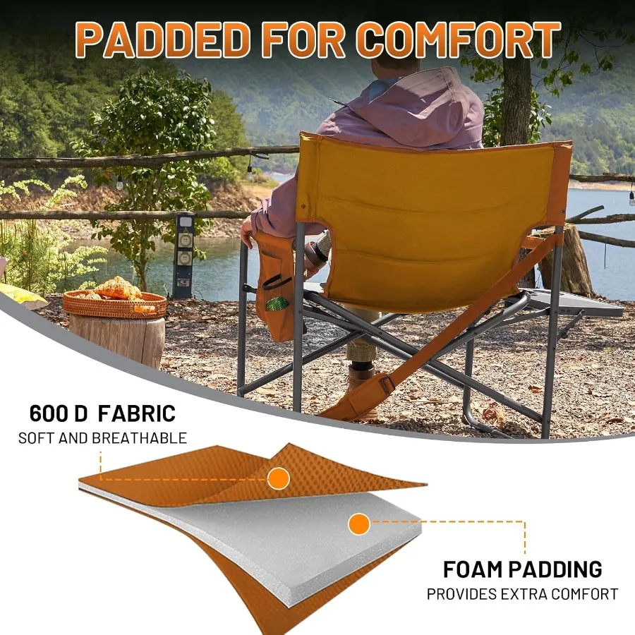 Silla de director XXL con mesa auxiliar Silla plegable resistente con capacidad de 500 lb Asiento acolchado extra ancho para una comodidad mejorada