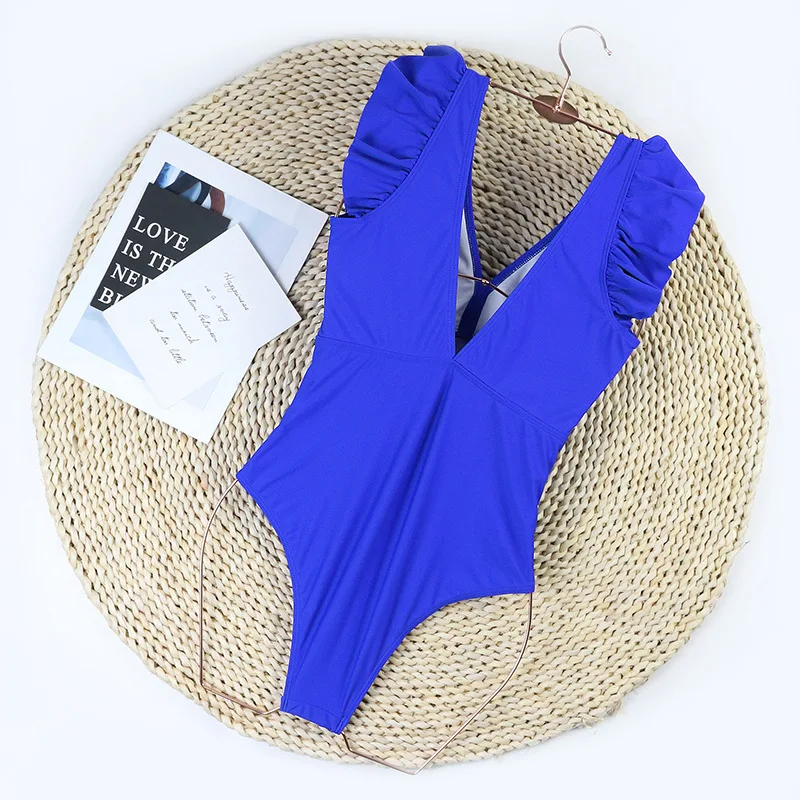 Bleu une pièce maillot de bain 2025 Vintage à volants col en V maillots de bain femmes maillot de bain maillot de bain maillots de bain Monokini femme maillots de bain