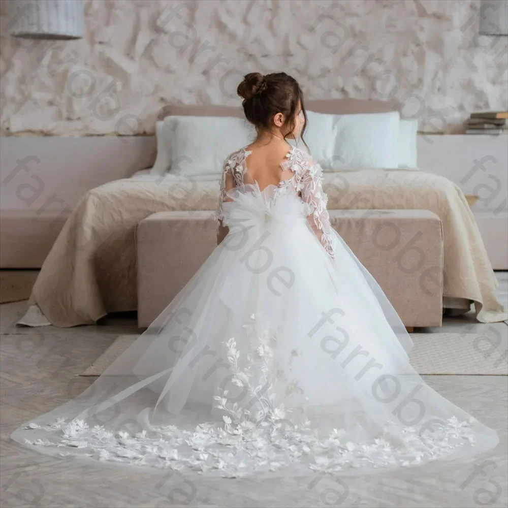 Vestidos de menina de flor personalizados princesa branco feito à mão tule para concurso de casamento primeira comunhão vestidos de festa infantil