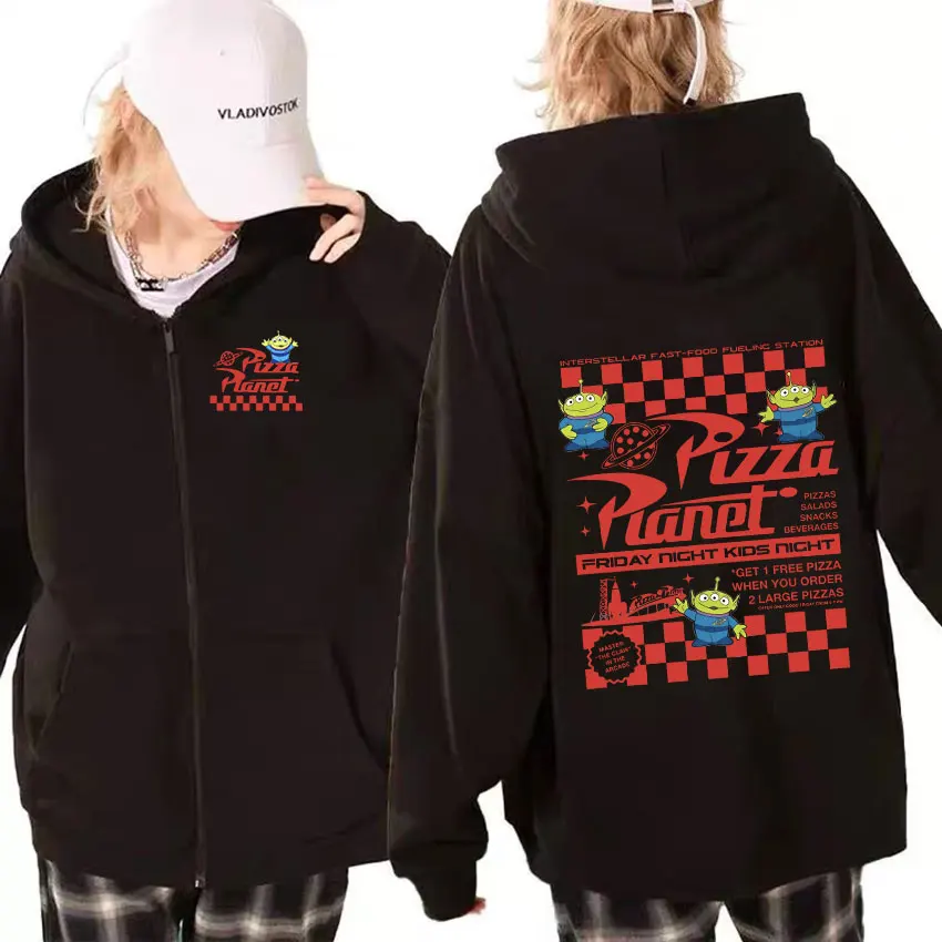 

Pizza Planet Print Zipper Hoodie Men Fashion Retro Pullover Zip Up Sweatshirts Unisex Casual Oversized Hoodies Fleece Streetwear