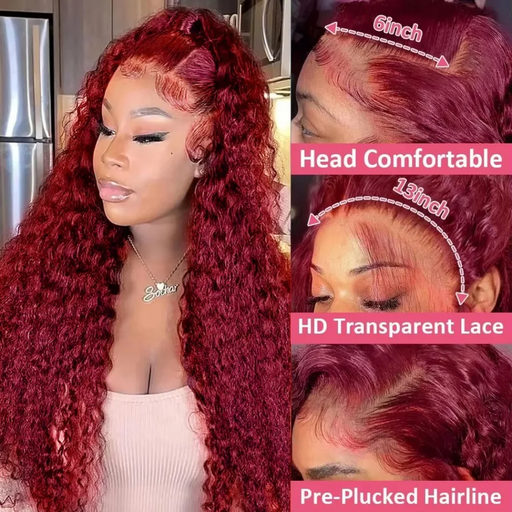 Deep Wave Frontal Wig Red Curly Wigs 99J Burgundy 13X6 Hd Lace Frontal Human Hair Wig Colored 13X4 Red Lace Front Human Hair Wig image 3